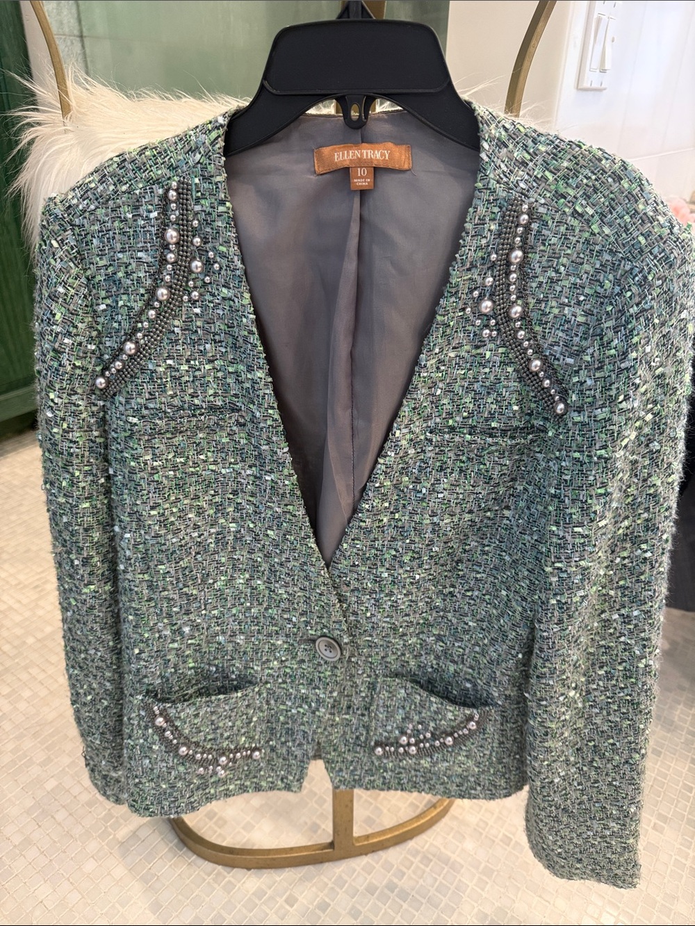 Ellen Tracy Green Tweed Pearl-Trim Blazer